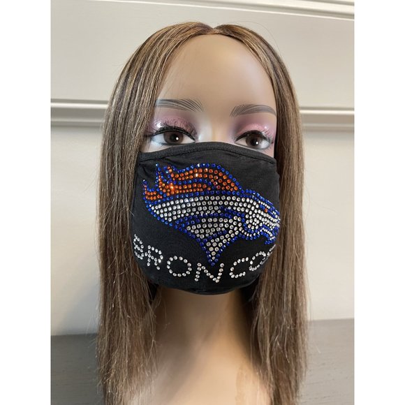 Denver Broncos Bling Rhinestone Face Mask Front Logo Clear Letters - Picture 9 of 10
